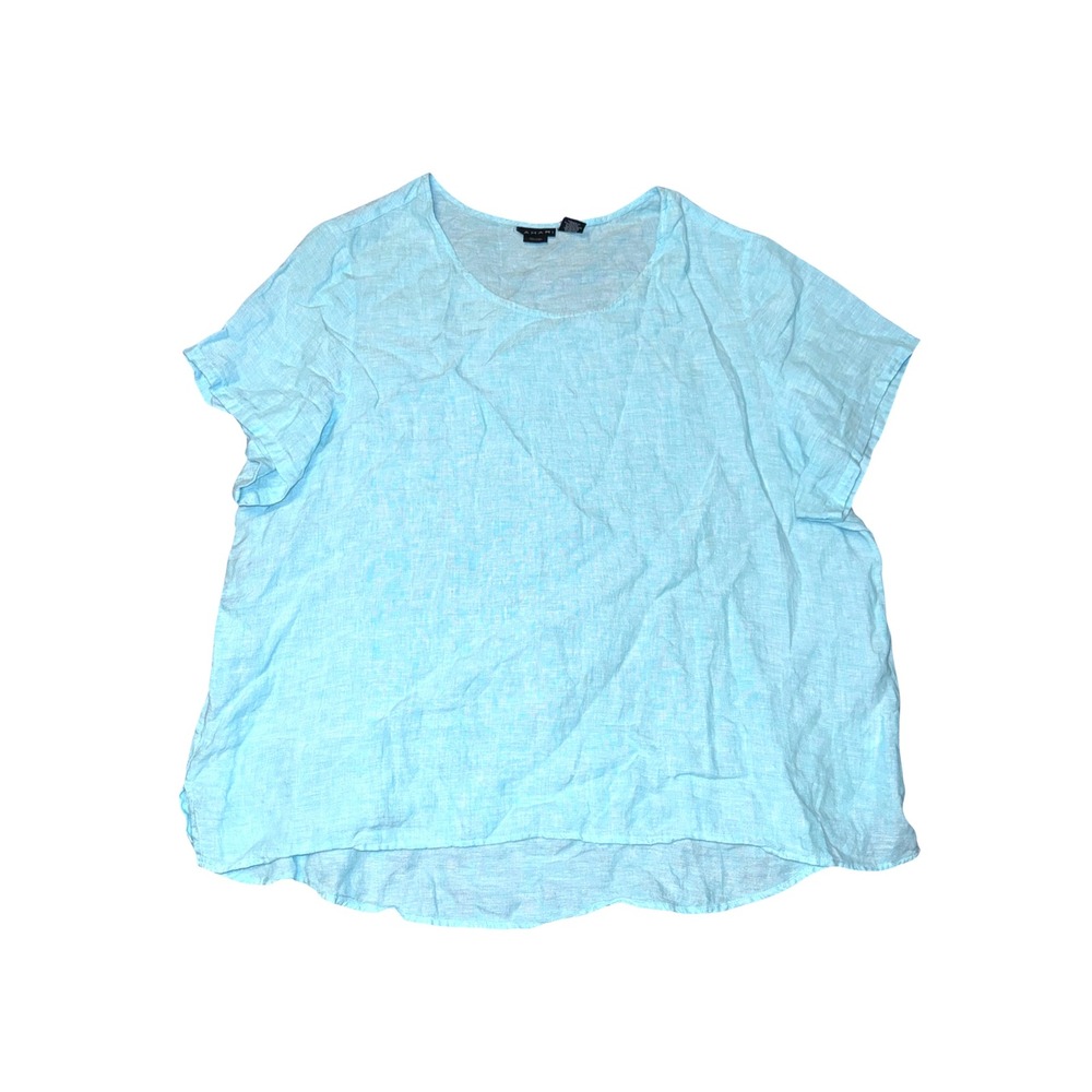 Tahari Womens 2X Aqua Blue 100% Linen Short Sleeve High-Low Hem Blouse Top